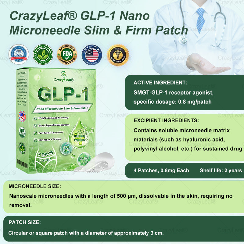 𝐂𝐫𝗮𝐳𝐲𝗟𝗲𝐚𝗳® 𝑆𝑀𝐺𝑇-𝐺𝐿𝑃-1 𝘕𝘢𝘯𝘰 𝘔𝘪𝘤𝘳𝘰𝘯𝘦𝘦𝘥𝘭𝘦 𝘗𝘢𝘵𝘤𝘩 with Collagen & Matrixyl 3000 丨Targets Obesity, Loose Skin, High Blood Pressure, Diabetes, Fatty Liver, Joint Pain, Brain Fog, Low Energy, Body Aches, and More