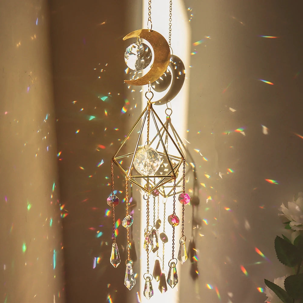 Crystal Wind Chime Moon Sun Catcher Windchimes Crystal Hanging Prism Rainbow Maker Sun Light Catcher Pendant Home Garden Decor