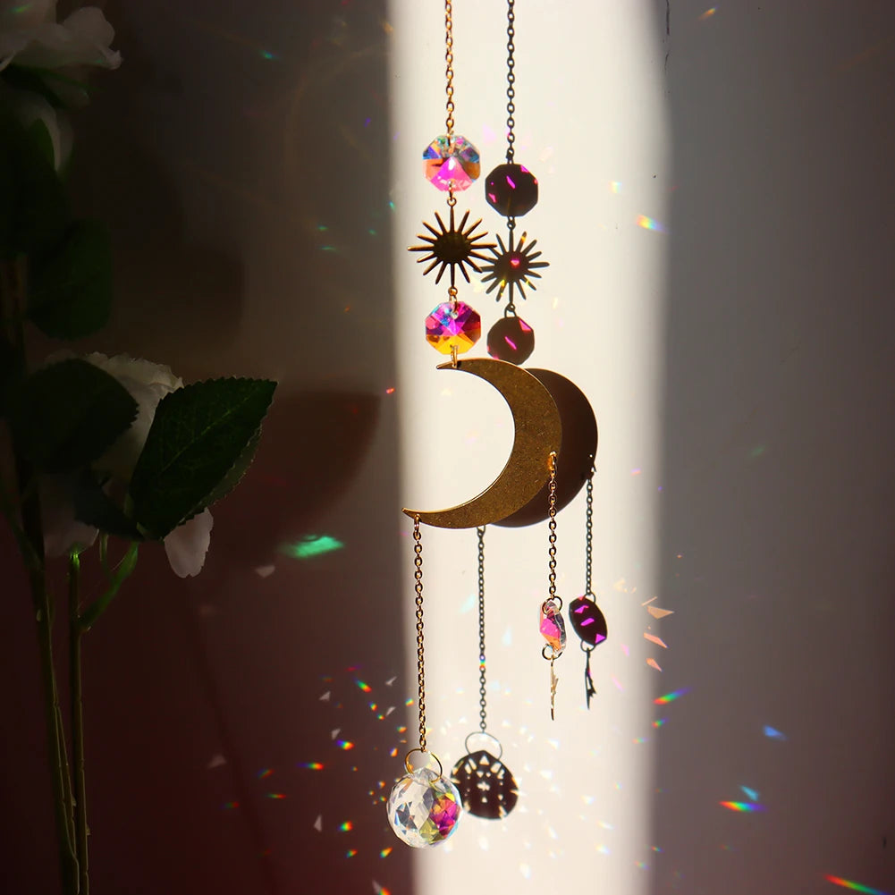 Crystal Moon Sun Catcher Wind Chimes Diamond Prisms Pendant Dream Catcher Rainbow Chaser Hanging Drop Home Garden Decor Gift