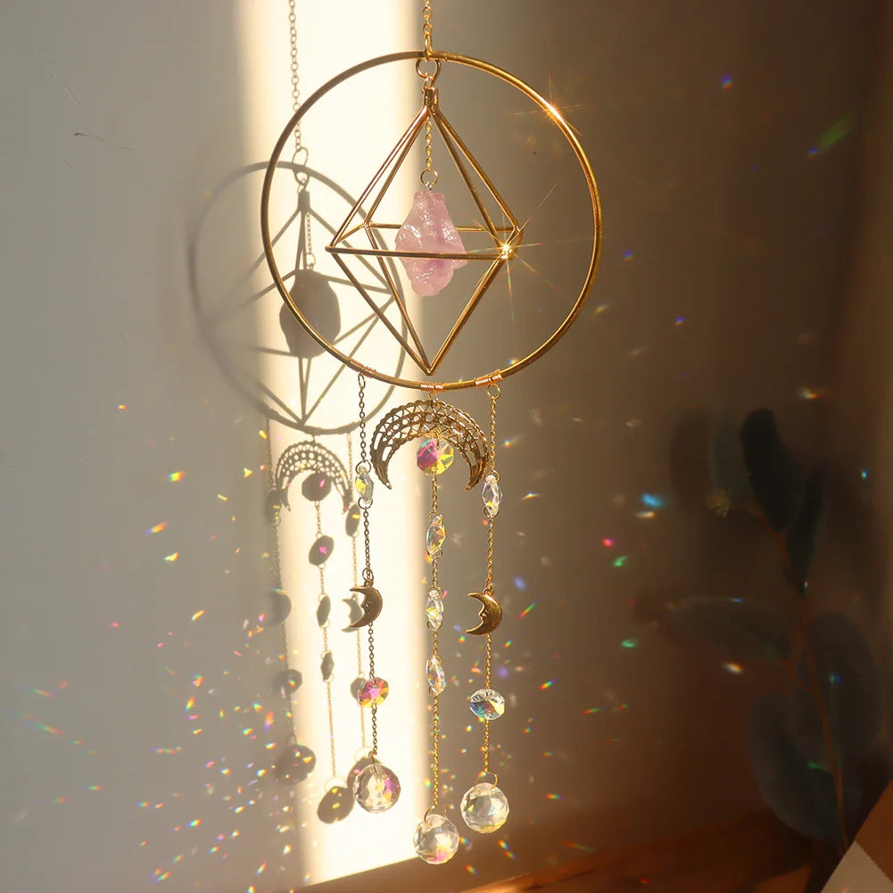 Crystal Wind Chime Moon Sun Catcher Windchimes Crystal Hanging Prism Rainbow Maker Sun Light Catcher Pendant Home Garden Decor