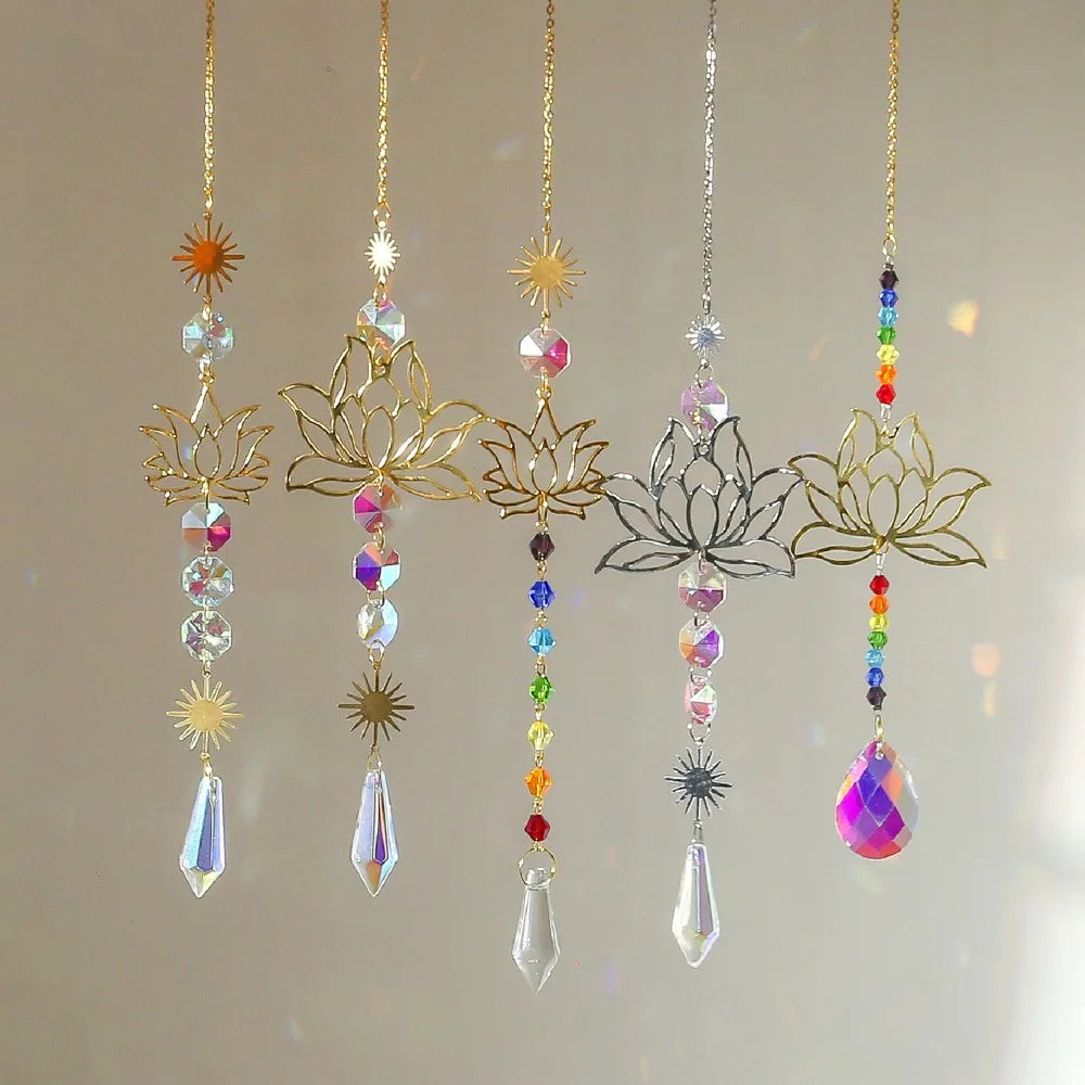 Crystal Lotus Hanging Wind Chimes Stained Glass Suncatcher Sun Catcher Room Pendant Decor Balcony Yard Aesthetic Landscape