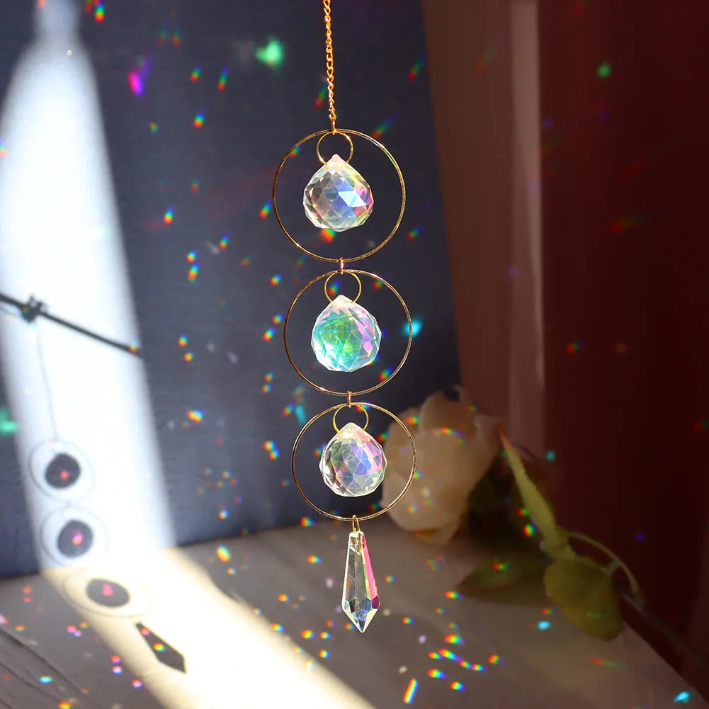 Crystal Moon Sun Catcher Wind Chimes Diamond Prisms Pendant Dream Catcher Rainbow Chaser Hanging Drop Home Garden Decor Gift