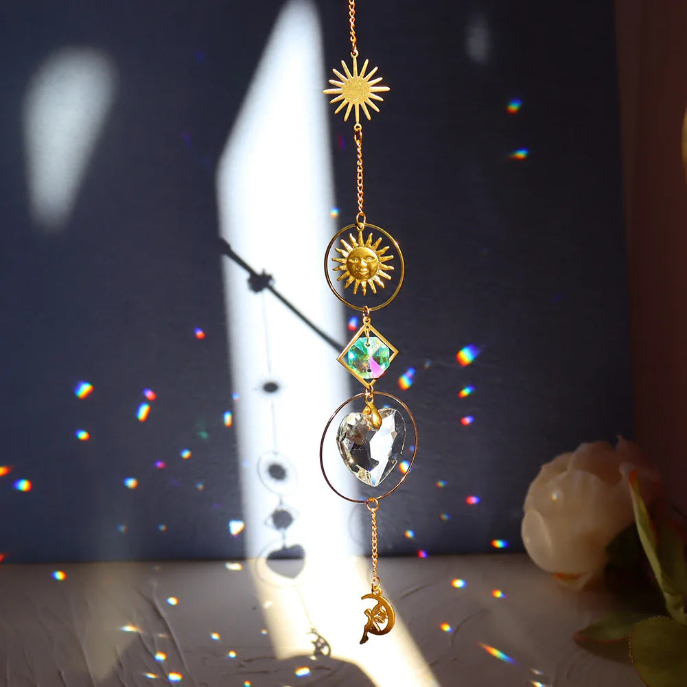 Crystal Moon Sun Catcher Wind Chimes Diamond Prisms Pendant Dream Catcher Rainbow Chaser Hanging Drop Home Garden Decor Gift