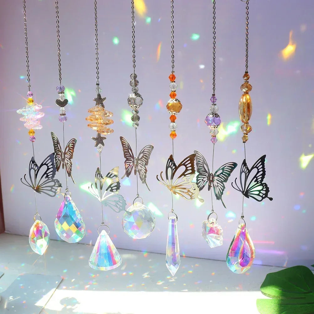 Crystal Windchimes Sun Catcher Silver Butterfly Hanging Pendant Jewelry Rainbow Chase Home Garden Window Curtain Wedding Decora