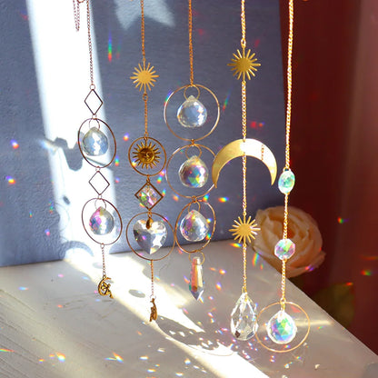 Crystal Moon Sun Catcher Wind Chimes Diamond Prisms Pendant Dream Catcher Rainbow Chaser Hanging Drop Home Garden Decor Gift